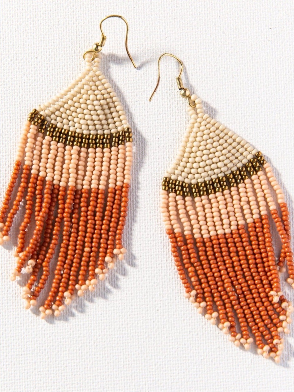 Ivory Gold Pink Rust Stripe Fringe Artisans Bohemian Earrings